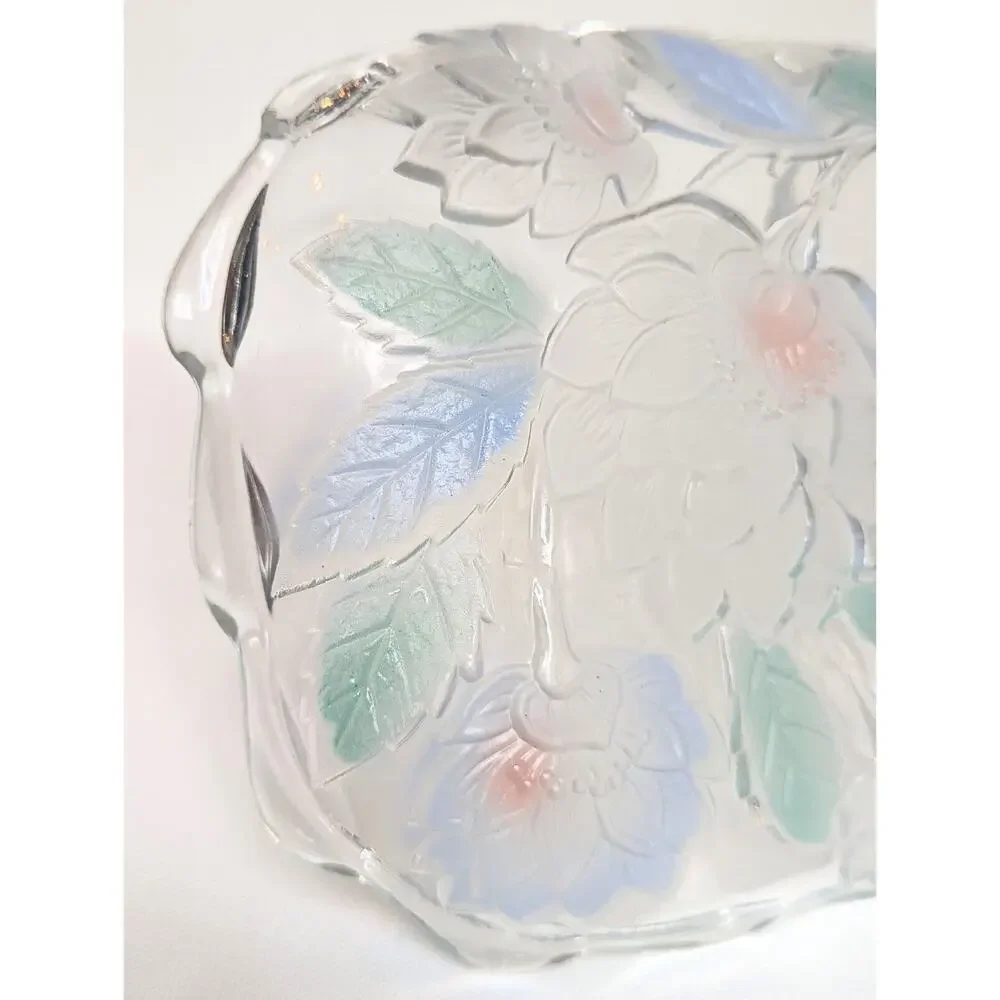 Vintage Crystal Clear Studios Chrysanthemum Lotus Frosted Glass Tray